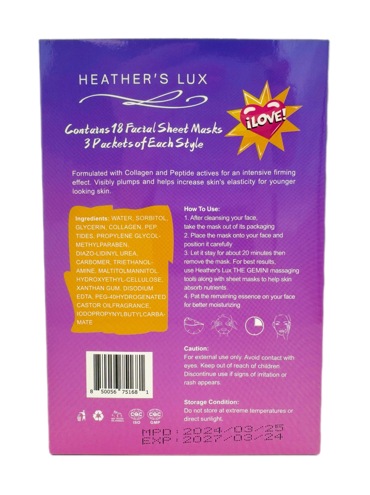 Heather's Lux 18 Pack Facial Sheet Mask, Face Sheet Mask for Hydrating, Moisturizing, Nourishing and Anti-Aging, Bad Girl Korean Style Skincare (18 Pack)