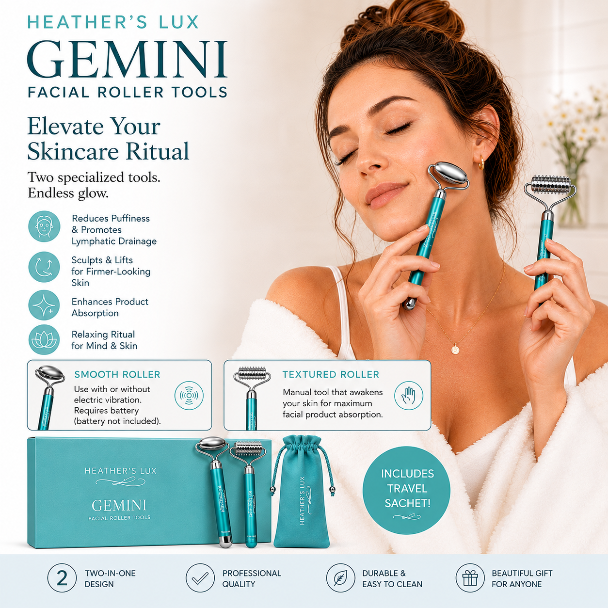 Heather's Lux The Gemini Skin Revitalizing Face and Neck Massager, Facial Massager, Face Massage, Vibration or Manual Use - Batteries NOT Included (2 Massager Tools Plus Travel Bag)