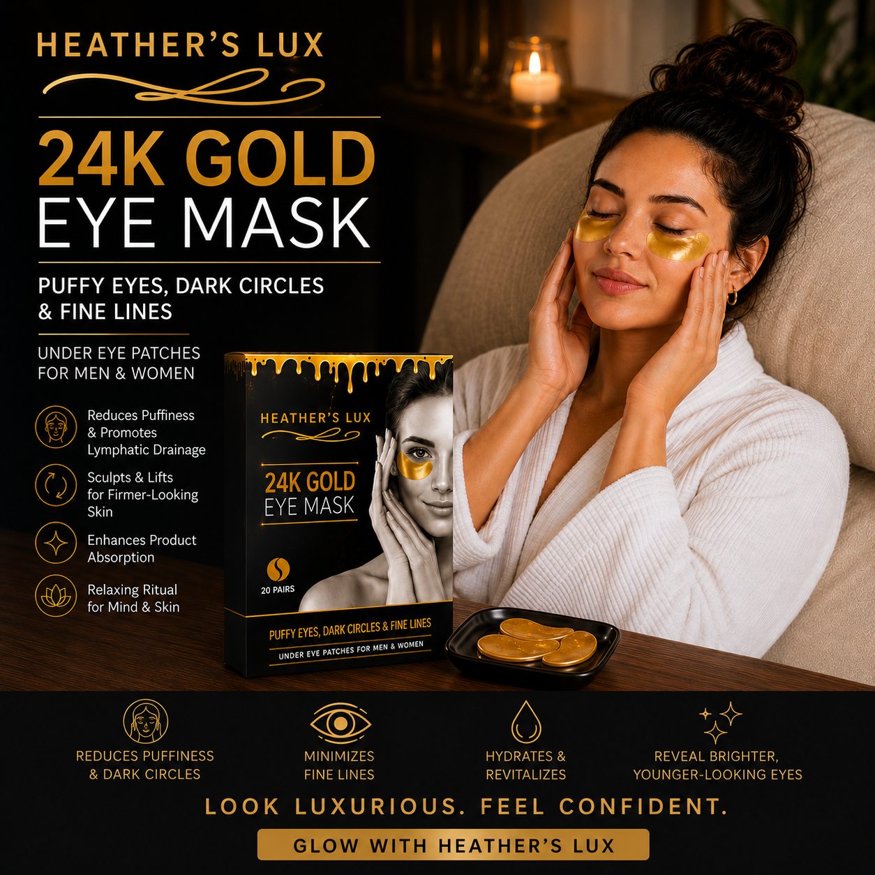 Heather's Lux 24K Gold Under Eye Mask Patches Gels for Dark Circles, Fine Lines, Puffy Eyes, Anti-Aging
