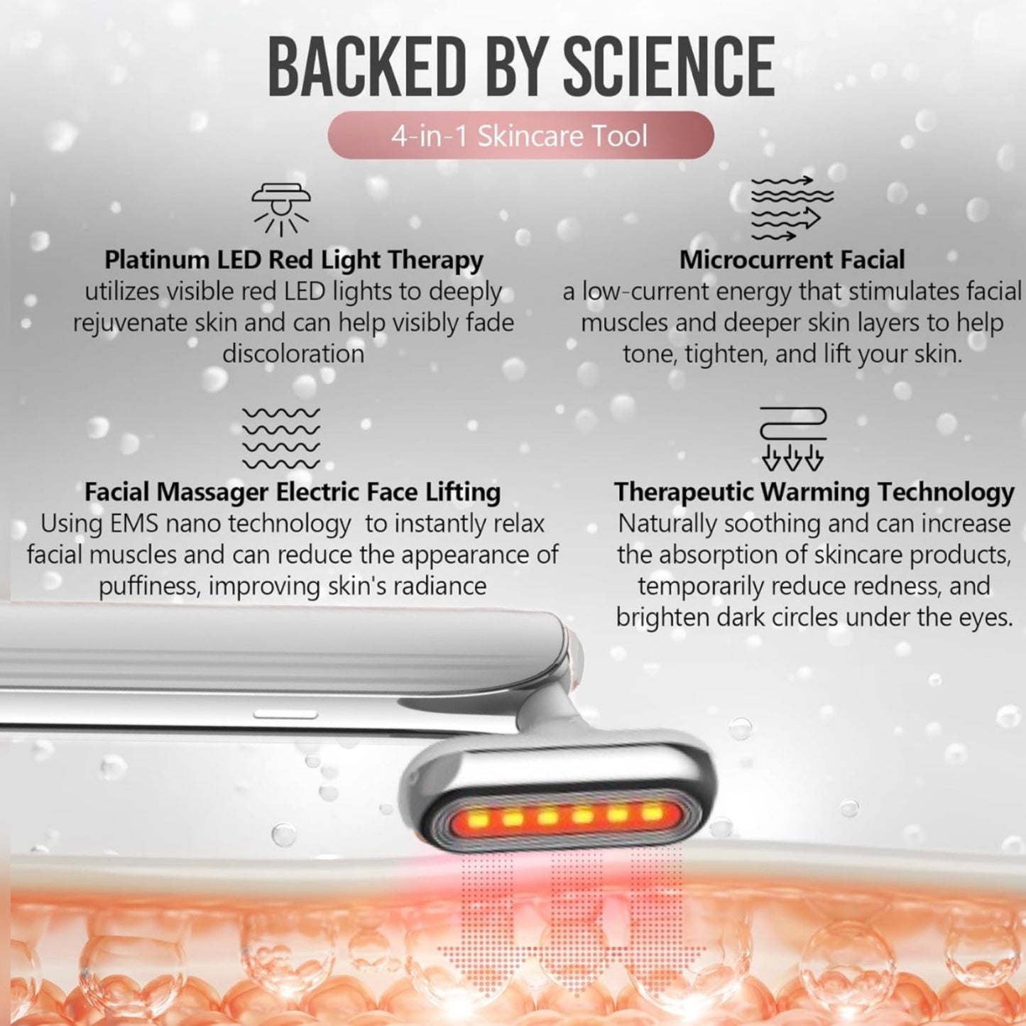 HEATHER'S LUX - THE PEARL - Red LIght Therapy for Face 4 In 1 Face Skincare Wand, Face Wand, Red Light Therapy, Microcurrent, Facial Massage and Therapeutic Heat with Charging Base (White)