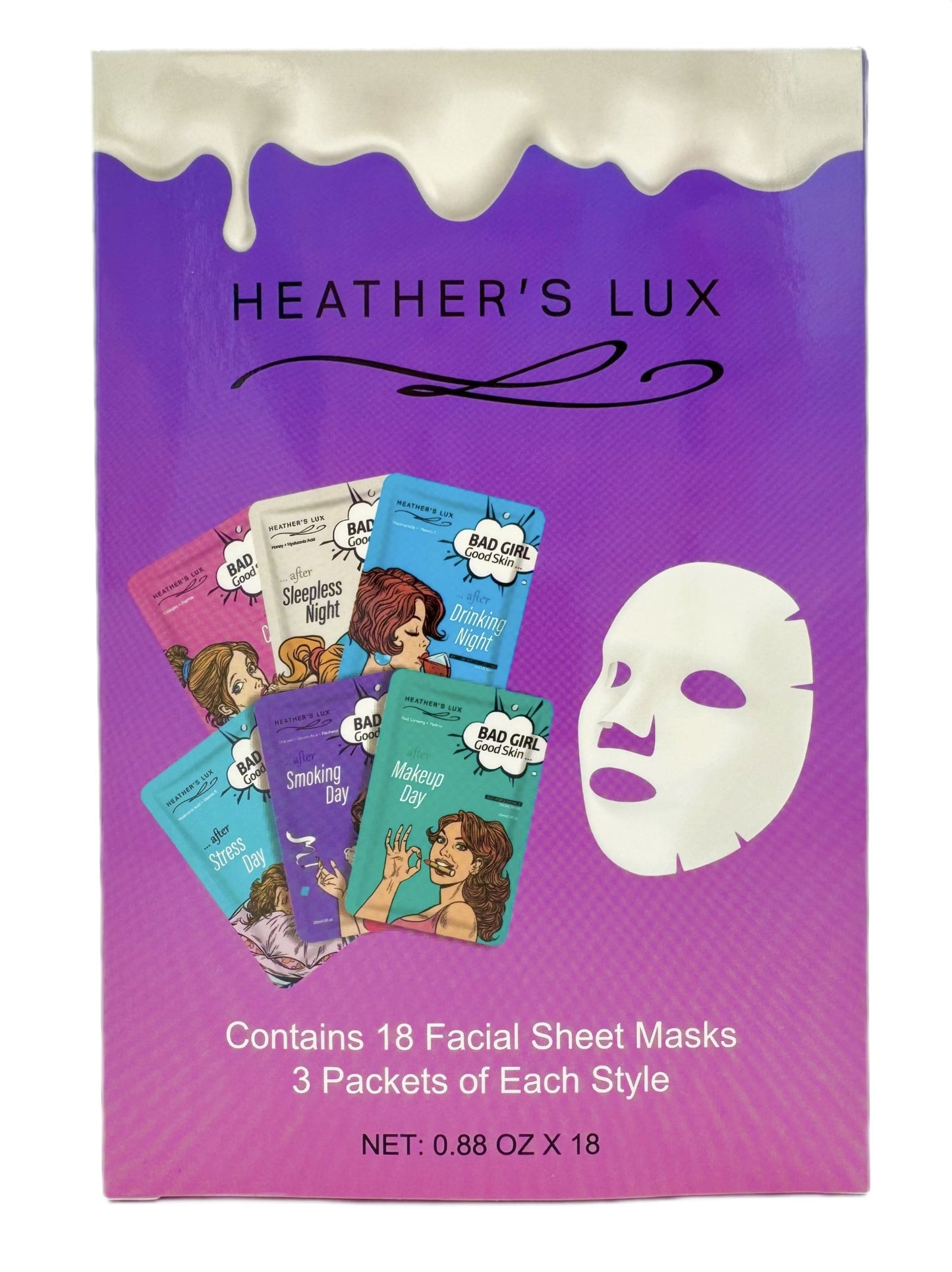 Heather's Lux 18 Pack Facial Sheet Mask, Face Sheet Mask for Hydrating, Moisturizing, Nourishing and Anti-Aging, Bad Girl Korean Style Skincare (18 Pack)