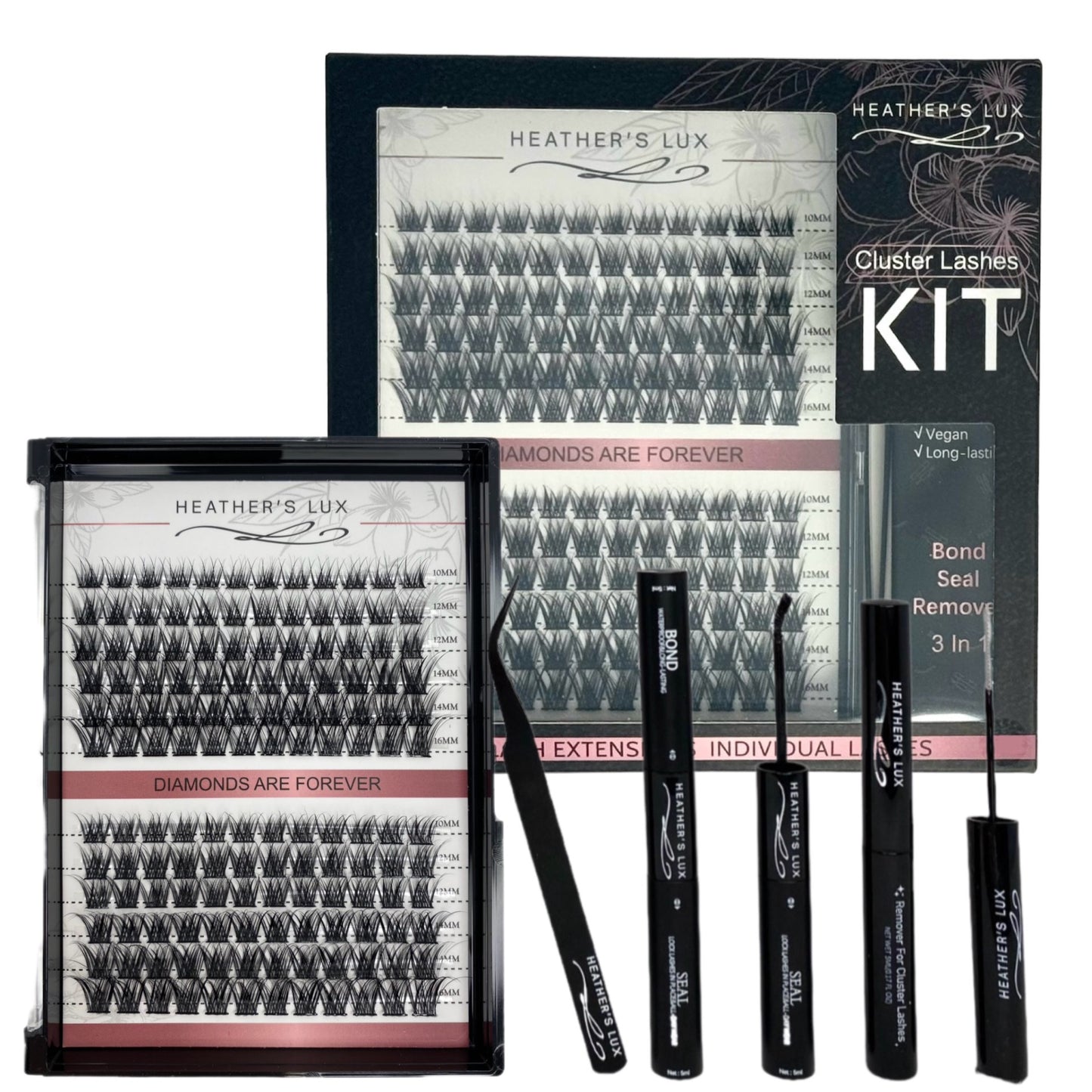 HEATHER’S LUX DIY Lash Extension Kit Lash Clusters 144 Pieces, Cluster Lashes With Tweezers, Bond, Seal & Glue Remover, Waterproof Lash Kit Reusable Individual Lashes